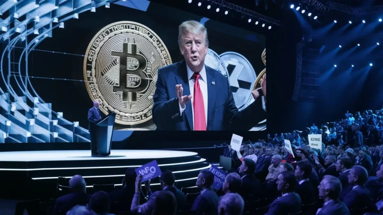 Donald Trump speaking at a cryptocurrency conference